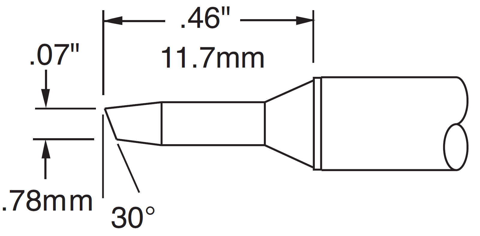 METCAL CVC-5BV3018S. Картридж-наконечник для СV/MX, скос 30° 1.78х11.7мм (замена STTC-505)