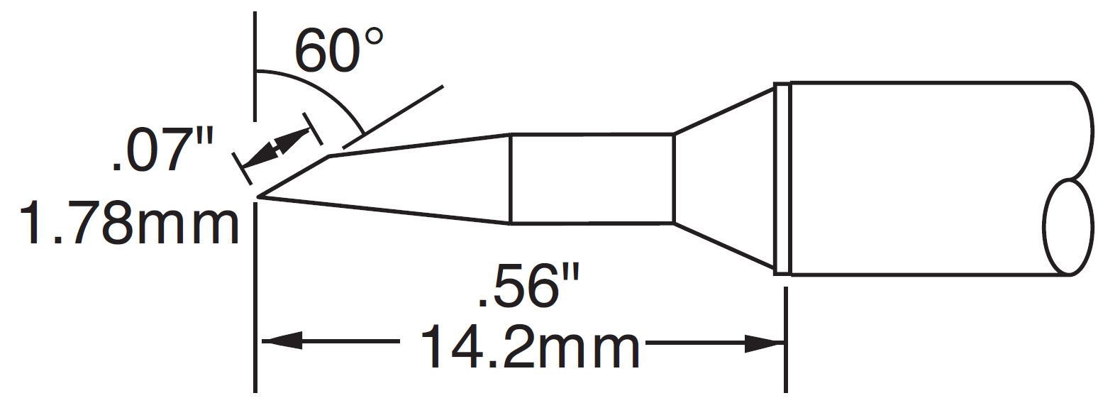 METCAL CVC-9BV6018R. Картридж-наконечник для СV/MX, скос 60° удлиненный, 1.78х14.2мм (замена STTC-847)